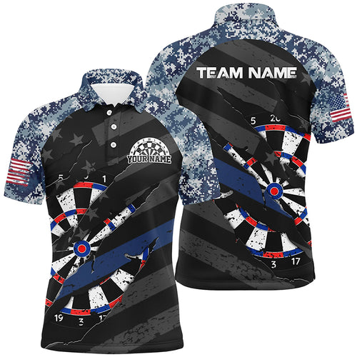 Personalized Retro Camo Blue Dart 3D Polo Shirts For Men, Custom American Flag Mens Dart Jerseys VHM1105
