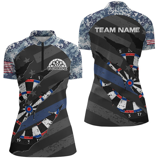 Personalized Retro Camo Blue Dart 3D Quarter-Zip Shirts For Women, American Flag Womens Dart Jerseys VHM1105
