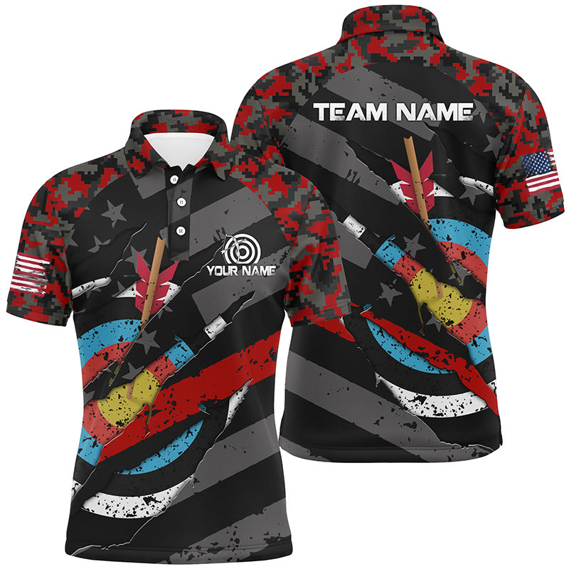 Personalized Red Retro Camo Target Archery 3D Polo Shirts For Men, Custom US Flag Archery Jerseys VHM0675