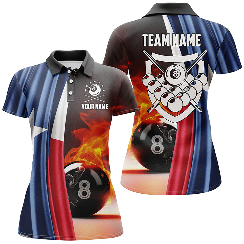 Personalized Fire 8 Ball Pool Billiard 3D Polo Shirts For Women, Custom Texas Flag Billiards Jerseys VHM0691