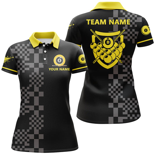 Personalized Abstract Square Pattern 8 Ball Pool Yellow Black Billiard 3D Polo Shirts For Women VHM0501