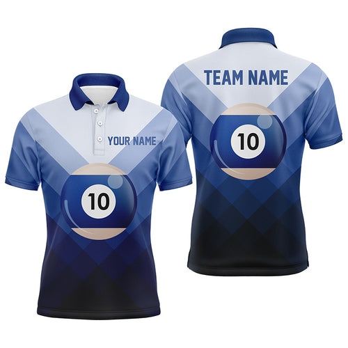 Personalized Blue 10 Ball Billiard 3D Polo Shirts For Men, Custom 10 Ball Pool Billiards Jerseys VHM0960