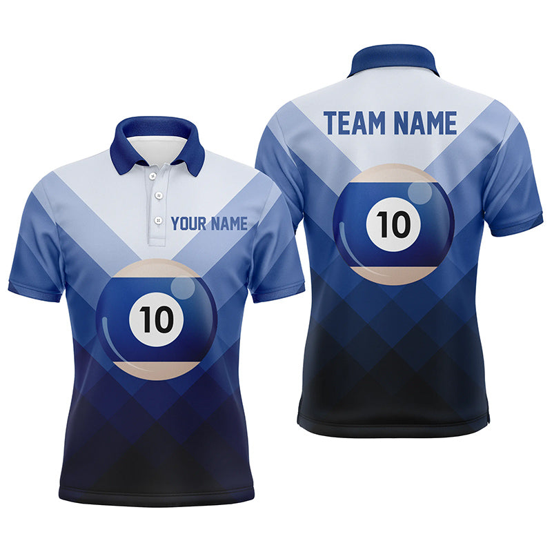 Personalized Blue 10 Ball Billiard 3D Polo Shirts For Men, Custom 10 Ball Pool Billiards Jerseys VHM0960