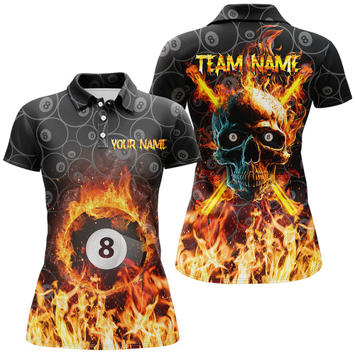 Personalized Billiard Skull 8 Ball Flame Billiard 3D Polo Shirts For Women, Custom Billiards Jerseys VHM0296
