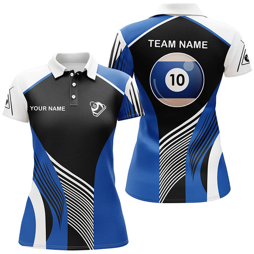 Personalized Blue 10 Ball Billiard 3D Polo Shirts For Women, Custom 10 Ball Billiards Team Jerseys VHM0970