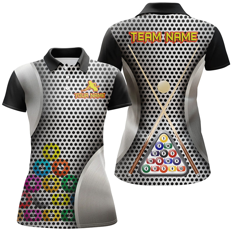 Personalized Billiard Balls Black Grey 3D Polo Shirts For Women, Custom Name Pool Player Jerseys VHM0315