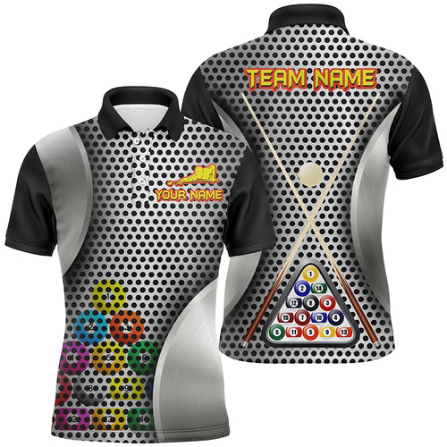 Personalized Billiard Balls Black Grey 3D Polo Shirts For Men, Custom Name Pool Player Jerseys VHM0315