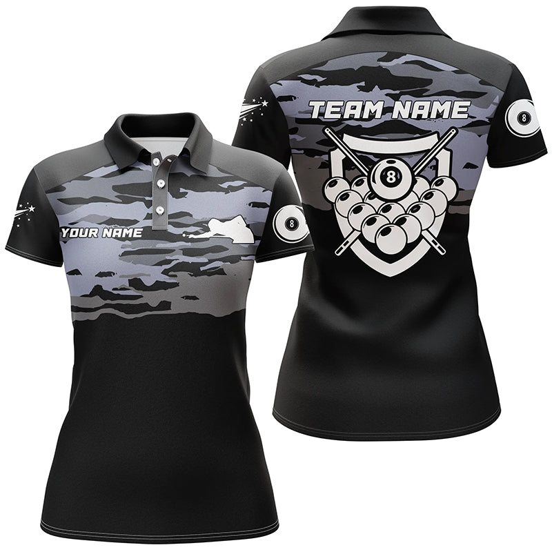 Personalized Silver Lighting 8 Ball Black Billiard Polo Shirts For Women, Custom Billiards Jerseys  VHM0525