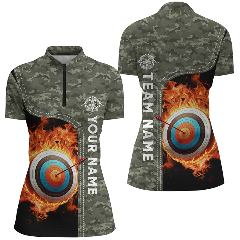 Personalized Camouflage Flaming Target Archery 3D Quarter-Zip Shirts For Women, Archery Team Jerseys VHM0986
