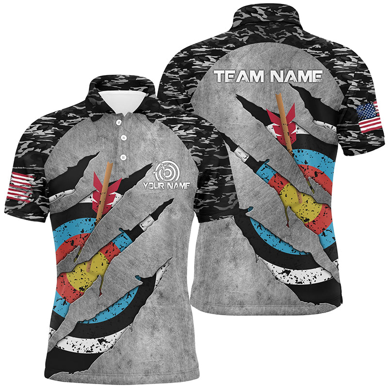 Personalized Retro Camo Target Archery 3D Polo Shirts For Men, Custom US Flag Archery Jerseys VHM0555