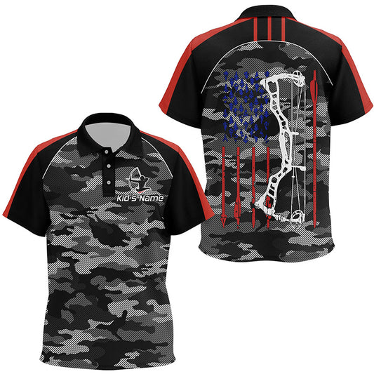 Personalized Camouflage US Flag Archery Polo Shirts For Kids, Grunge American Arrow Archery Jerseys VHM0735