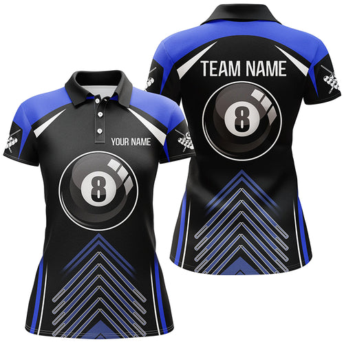 Personalized Blue Black Billiard 8 Ball Pool 3D Polo Shirts For Women, Custom Name Billiard Jerseys VHM0125