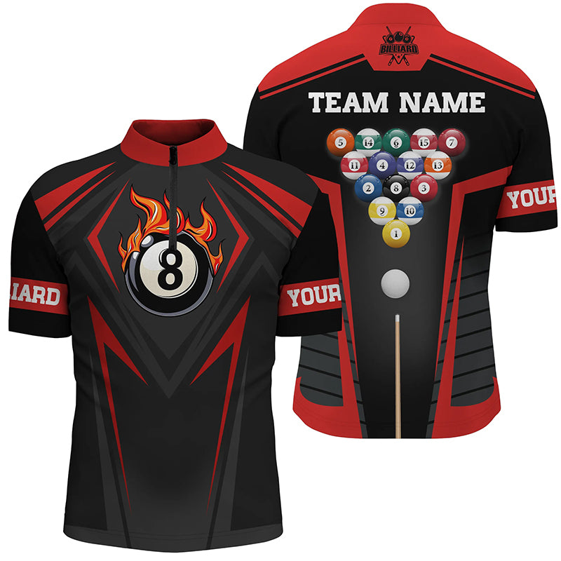 Personalized Style Red Fire 8 Ball Billiard 3D Quarter-Zip Shirts For Men, Pool Balls Team Jerseys VHM1067