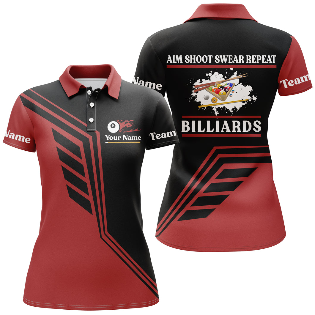 Personalized Aim Shoot Swear Repeat Billiard Polo Shirts For Women, Custom Red Black Billiard Jerseys VHM0137