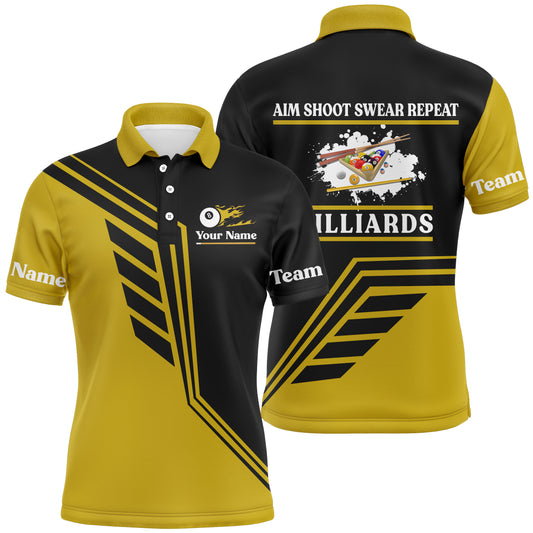 Personalized Aim Shoot Swear Repeat Billiard Polo Shirts For Men, Yellow Black Billiard Jerseys VHM0138