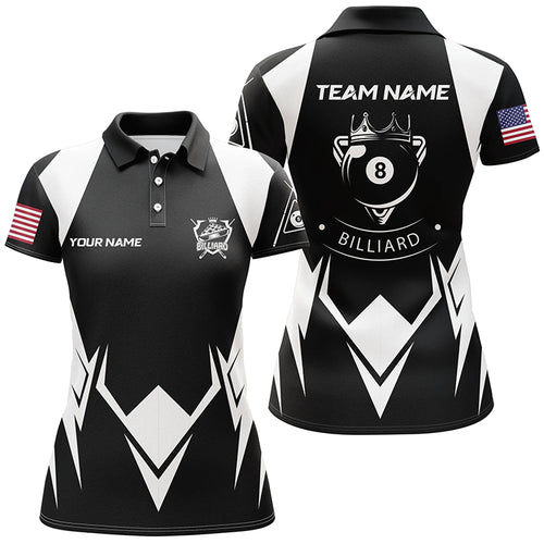 Personalized US Flag 8 Ball Pool Black White Billiard Polo Shirts For Women, Custom Billiard Jerseys VHM0582