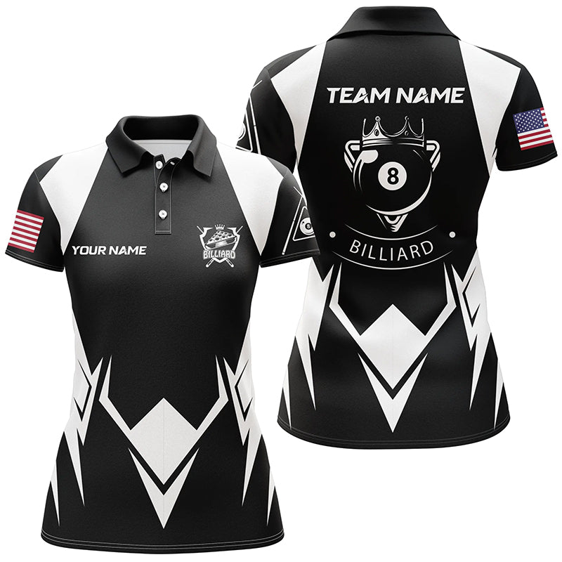 Personalized US Flag 8 Ball Pool Black White Billiard Polo Shirts For Women, Custom Billiard Jerseys VHM0582