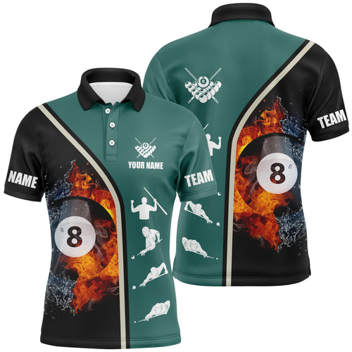 Personalized 8 Ball Fire Flame Billiard Green Black 3D Polo Shirts For Men, Custom Billiards Jerseys VHM0382