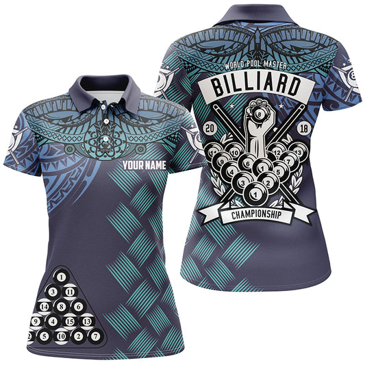 Personalized Blue Tribal Pattern Billiard Championship 3D Polo Shirts For Women, 8 Ball Pool Jerseys VHM0385