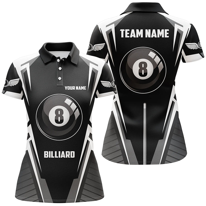 Personalized Black White 8 Ball Pool Polo Shirts For Women, Custom 8 Ball Pool Billiards Team Shirts VHM0592