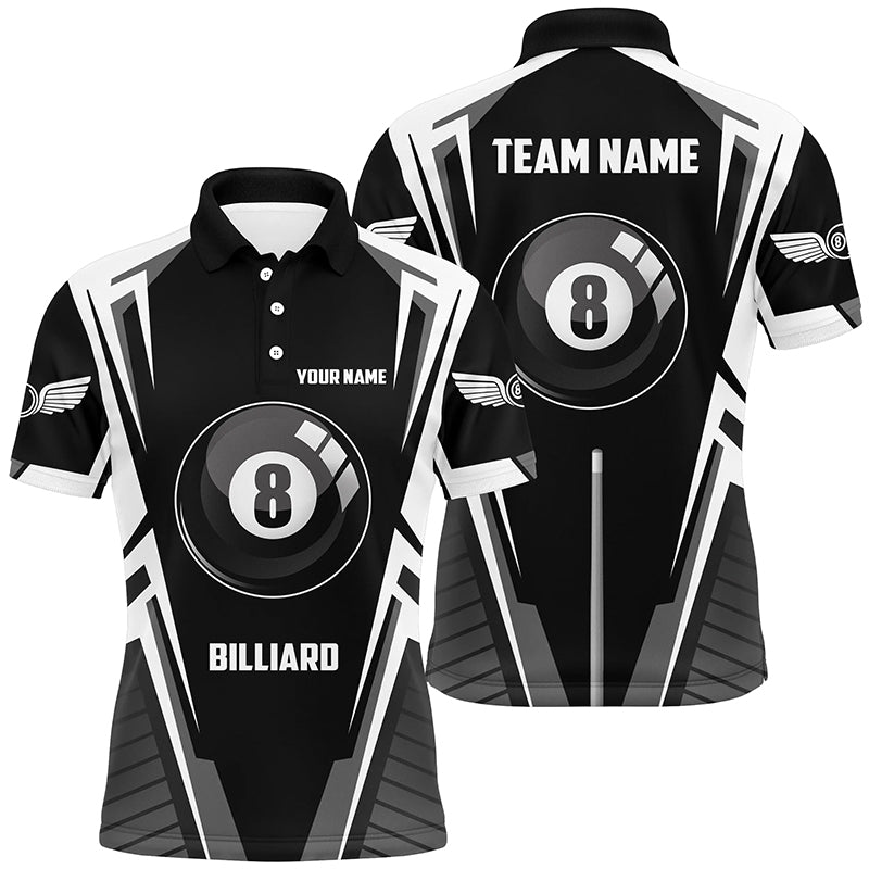 Personalized Black White 8 Ball Pool Polo Shirts For Men, Custom 8 Ball Pool Billiards Team Shirts VHM0592