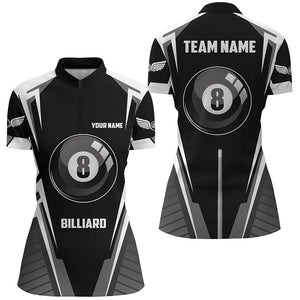 Personalized Black White 8 Ball Pool Quarter-Zip Shirts For Women Custom 8 Ball Billiards Team Shirts VHM0592