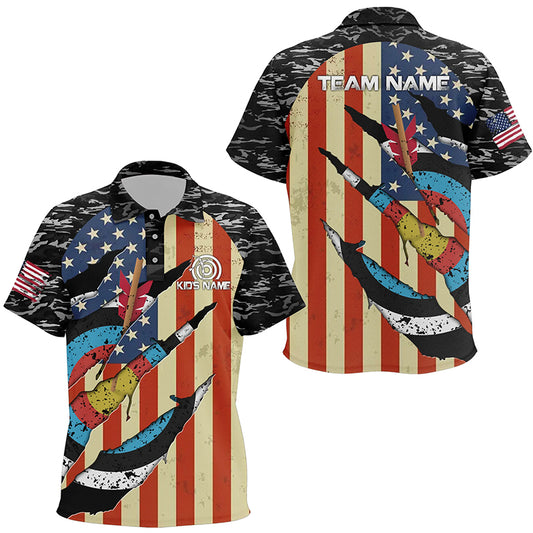 Personalized Retro Camo Target Archery 3D Polo Shirts For Kids, Custom US Flag Archery Jerseys VHM0594