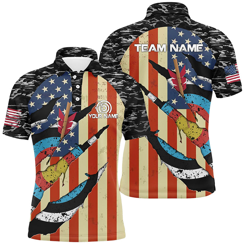 Personalized Retro Camo Target Archery 3D Polo Shirts For Men, Custom US Flag Archery Jerseys VHM0594