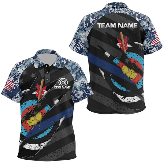 Personalized Retro Camo Target Archery 3D Polo Shirts For Kids, Custom US Flag Archery Jerseys VHM0595