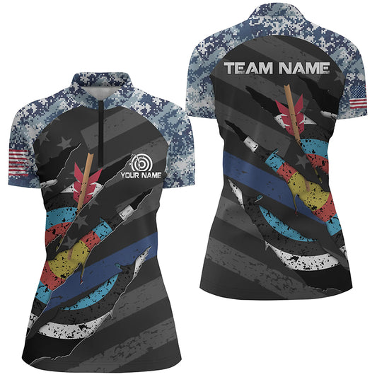 Personalized Retro Camo Target Archery 3D Quarter-Zip Shirts For Women Custom US Flag Archery Jerseys VHM0595