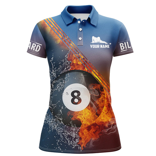 Personalized Fire And Water 8 Ball Billiard 3D Polo Shirts For Women, Custom Name Billiard Jerseys VHM0016