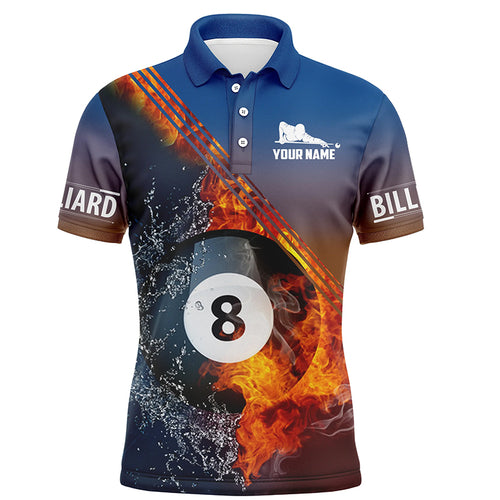 Personalized Fire And Water 8 Ball Billiard 3D Polo Shirts For Men, Custom Name Billiard Jerseys VHM0016
