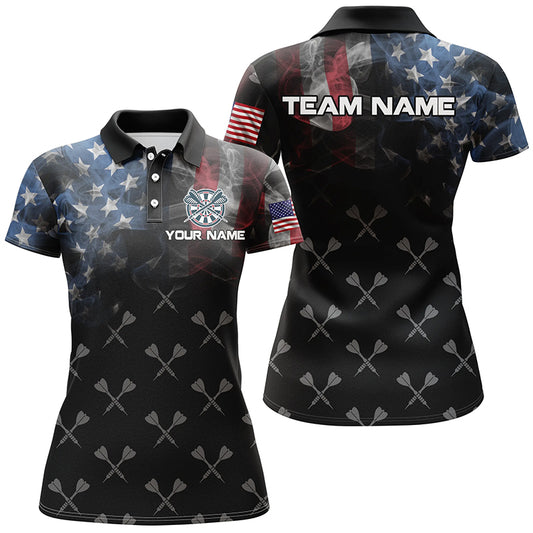 Personalized Smoke US Flag Dart Polo Shirts, Custom Patriotic Darts Shirts For Women Dart Jerseys VHM1094