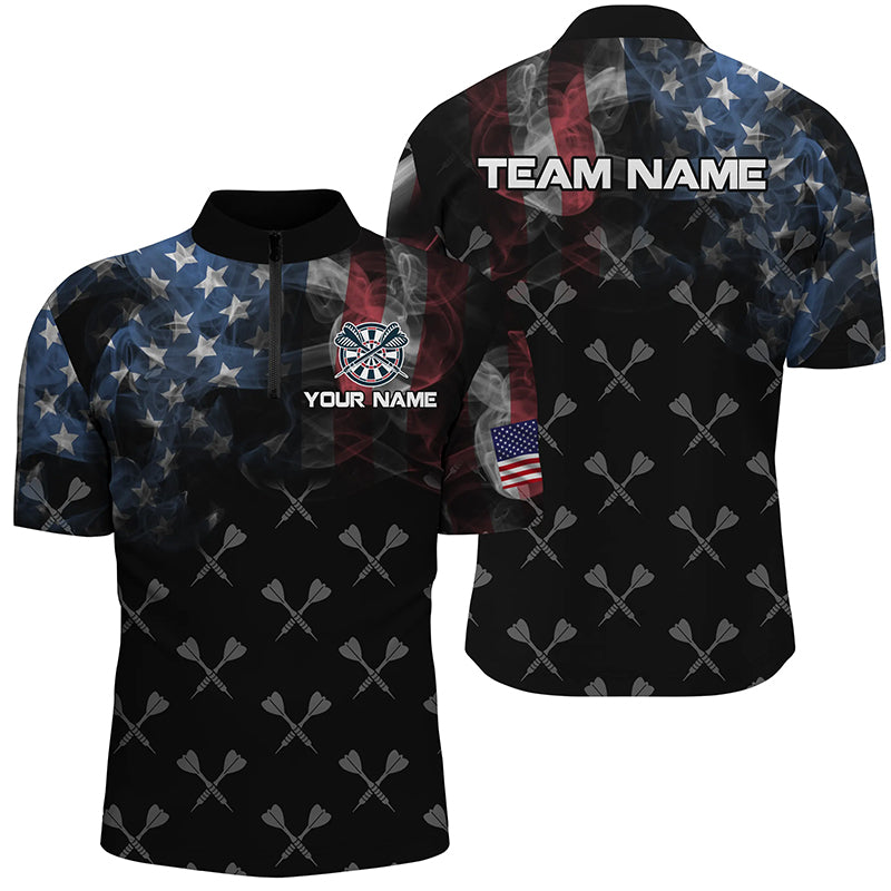 Personalized Smoke US Flag Dart Quarter-Zip Shirts, Patriotic Darts Shirts For Men Dart Jerseys VHM1094