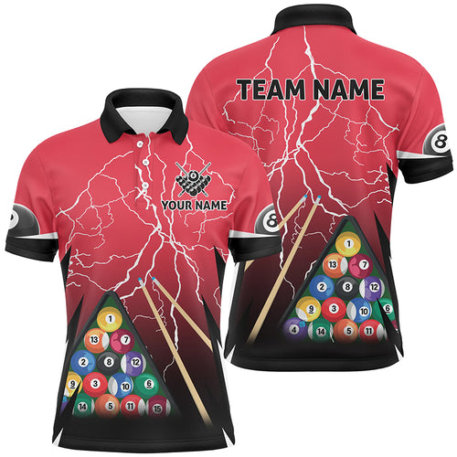 Personalized Thunder Billiards 3D Red Polo Shirts For Men, Custom 8 Ball Pool Billiards Jerseys VHM0172