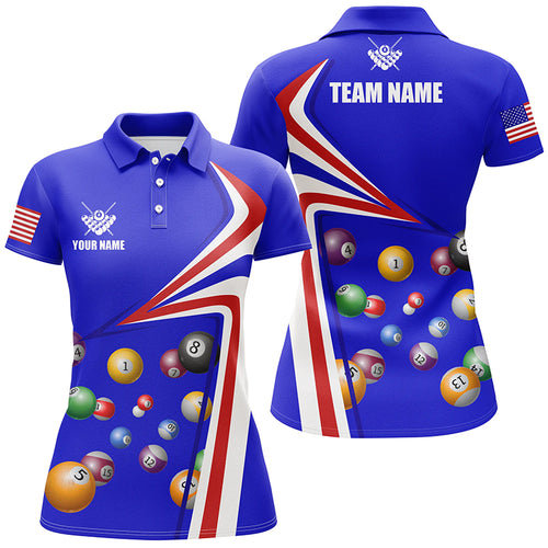 Personalized US Flag Billiard Balls Blue 3D Polo Shirts For Women, Custom 8 Ball Pool Jerseys VHM0407