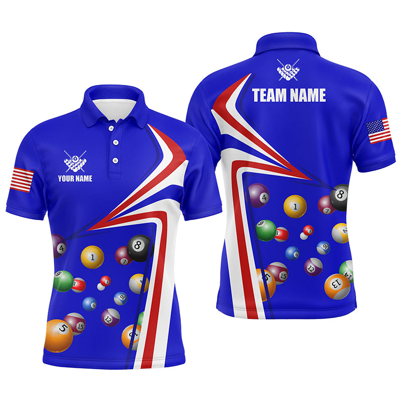 Personalized US Flag Billiard Balls Blue 3D Polo Shirts For Men, Custom 8 Ball Pool Jerseys VHM0407