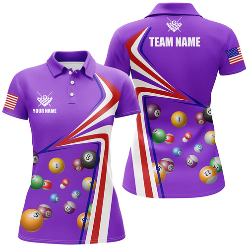 Personalized US Flag Billiard Balls Purple 3D Polo Shirts For Women, Custom 8 Ball Pool Jerseys VHM0409
