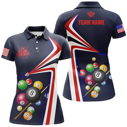 Personalized US Flag Billiard Balls 3D Polo Shirts For Women, Custom 8 Ball Billiards Jerseys  VHM0411