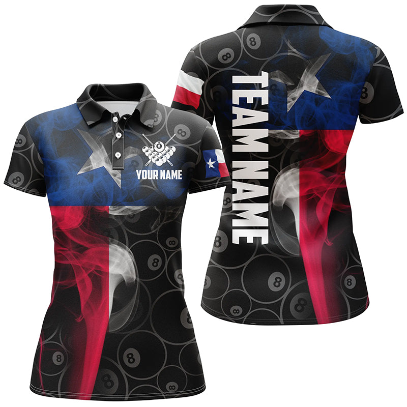 Personalized Vintage Smoke Texas Flag Billiard Polo Shirts For Women, Custom 8 Ball Pool Team Jerseys VHM0614