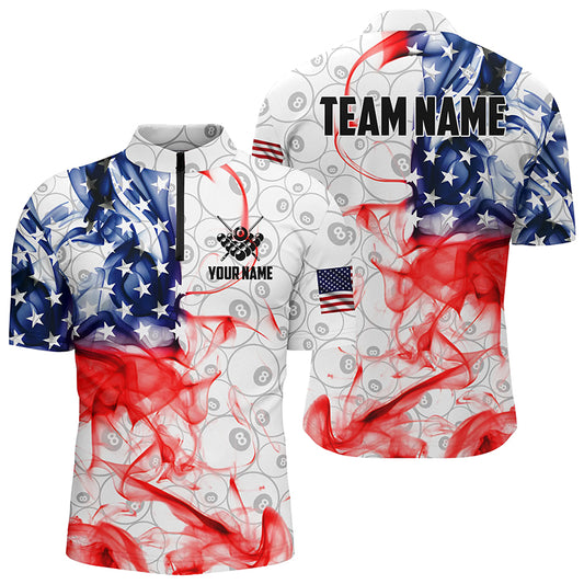 Personalized Vintage Smoke US Flag Billiard Quarter-Zip Shirts For Men, White 8 Ball Pool Jerseys VHM1013