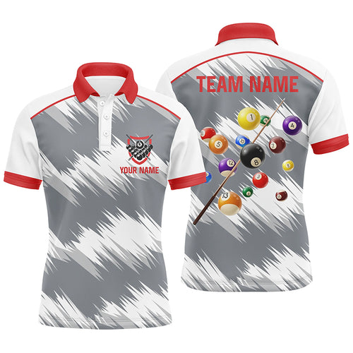 Personalized Red Grey Billiard Balls 3D Polo Shirts For Men, Custom 8 Ball Billiard Team Jerseys VHM1016
