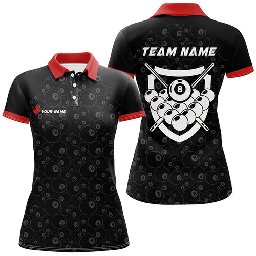 Personalized 8 Ball Pattern Billiard Red Black 3D Polo Shirts For Women, Custom Billiard Balls Jerseys VHM0439