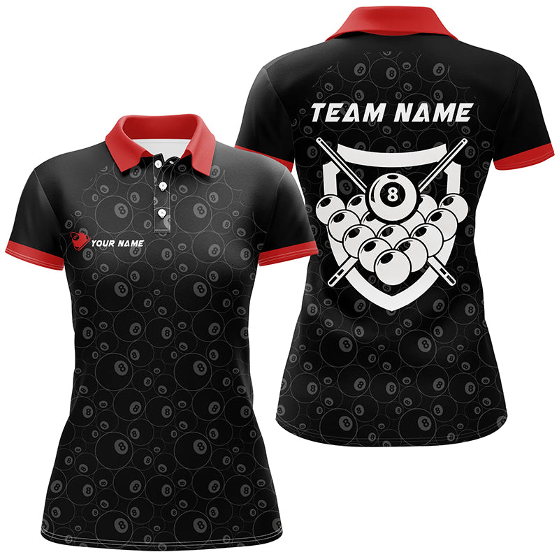 Personalized 8 Ball Pattern Billiard Red Black 3D Polo Shirts For Women, Custom Billiard Balls Jerseys VHM0439
