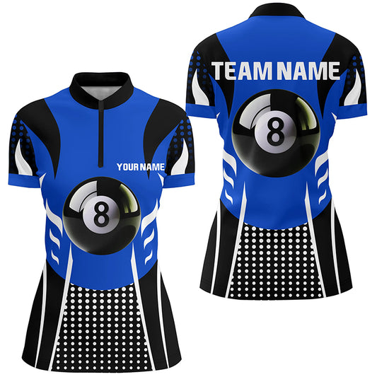 Personalized Blue Black 8 Ball Billiard 3D Quarter-Zip Shirts For Women, Billiard 8 Ball Pool Jerseys VHM1038