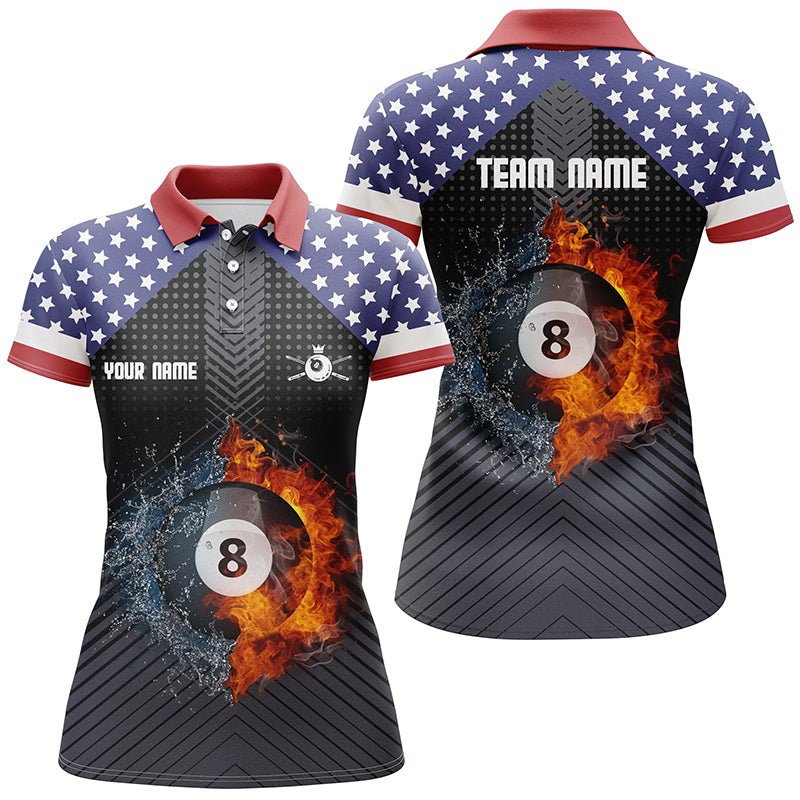 Personalized Fire And Water 8 Ball US Flag Billiard Polo Shirts For Women, Custom 8 Ball Pool Jerseys VHM0217