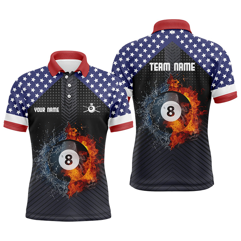 Personalized Fire And Water 8 Ball US Flag Billiard Polo Shirts For Men, Custom 8 Ball Pool Jerseys VHM0217