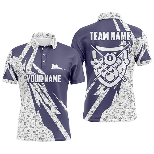 Personalized 8 Ball Pattern Purple White Billiard Polo Shirts For Men, Custom Billiard Balls Shirts VHM0463