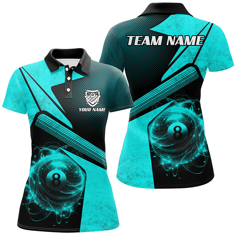 Personalized Sport Blue 8 Ball Billiard 3D Polo Shirts For Women, Custom 8 Ball Pool Team Jerseys VHM1042