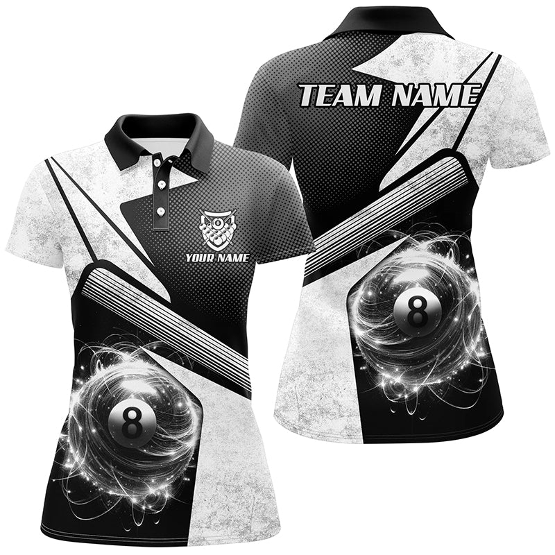 Personalized Sport White 8 Ball Billiard 3D Polo Shirts For Women, Custom 8 Ball Pool Team Jerseys VHM1043